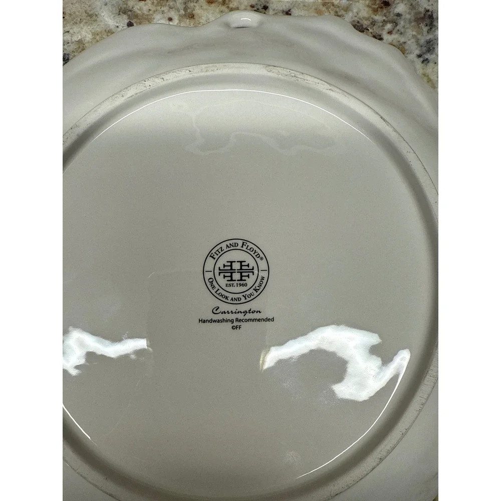 Fitz and Floyd Carrington Salad Plate Cream Taupe Embossed Leaf Ribbon Ceramic‎